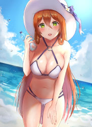 Rule 34 | 1girl, bare shoulders, beach, blue sky, blush, bottle, breasts, brown hair, cleavage, cloud, collarbone, day, girls&#039; frontline, green eyes, hair between eyes, hair rings, holding, holding bottle, kubong, large breasts, leaning forward, long hair, looking at viewer, navel, o-ring, official alternate costume, open mouth, outdoors, ponytail, revision, sidelocks, skindentation, sky, smile, solo, springfield (girls&#039; frontline), springfield (stirring mermaid) (girls&#039; frontline), stomach, thighs, wet