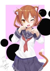 Rule 34 | 10s, 1girl, :d, anchor symbol, animal ears, blue skirt, brown hair, cat ears, cat tail, dated, fang, hair ornament, hairclip, heart, heart-shaped pupils, ikazuchi (kancolle), kantai collection, kyougoku touya, long sleeves, looking at viewer, neckerchief, one eye closed, open mouth, paw pose, pleated skirt, red neckerchief, sailor collar, school uniform, serafuku, short hair, simple background, skirt, smile, solo, symbol-shaped pupils, tail, transparent background, twitter username