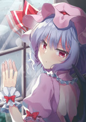 Rule 34 | 1girl, back cutout, bat wings, beni kurage, blue hair, bow, clothing cutout, commentary request, hat, hat ribbon, highres, indoors, looking at viewer, looking back, mob cap, pink hair, pink shirt, rain, red bow, red eyes, red ribbon, remilia scarlet, ribbon, shirt, short sleeves, solo, touhou, upper body, window, wings, wrist cuffs