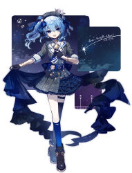 Rule 34 | 1girl, absurdres, ankle boots, asymmetrical legwear, belt, beret, black footwear, black gloves, blue belt, blue bow, blue choker, blue eyes, blue hair, blue nails, blue necktie, blue sky, boots, bow, brooch, buttons, choker, collared shirt, commentary request, crown, cyawa, dated, diamond (gemstone), double-breasted, earrings, english text, fold-over boots, gloves, grey hat, grey jacket, grey skirt, hat, highres, hololive, hoshimachi suisei, hoshimachi suisei (1st costume), huge bow, jacket, jewelry, large bow, legs, looking at viewer, mini crown, mismatched legwear, nail polish, necktie, night, night sky, open mouth, partially fingerless gloves, plaid, plaid headwear, plaid jacket, plaid skirt, pleated skirt, shirt, shooting star, short hair, side ponytail, sidelocks, simple background, single thighhigh, skirt, skirt set, sky, sleeve cuffs, sleeves past elbows, smile, solo, star (sky), star (symbol), star brooch, star choker, star earrings, star in eye, starry sky, symbol in eye, thigh strap, thighhighs, virtual youtuber, white background