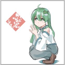 Rule 34 | 1girl, 5alive, :o, ahoge, bare shoulders, blue skirt, brown footwear, collared shirt, commentary request, detached sleeves, dress shirt, fingers together, framed, frog hair ornament, green eyes, green hair, hair between eyes, hair ornament, hair tubes, kochiya sanae, long hair, long skirt, looking to the side, own hands together, shirt, skirt, sleeveless, sleeveless shirt, snake hair ornament, solo, squatting, touhou, two-tone shirt, white background, white shirt