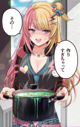 Rule 34 | 1girl, bad food, belt, blonde hair, blue eyes, blue necktie, blush, breasts, cleavage, commentary request, cooking pot, cropped jacket, hair ornament, hair scrunchie, headphones, headphones around neck, highres, holding cooking pot, jewelry, kashiwagi touko, kotoka torahime, large breasts, lightning bolt, lightning bolt hair ornament, lightning bolt symbol, long hair, multicolored hair, necklace, necktie, nijisanji, nijisanji en, pink belt, pink hair, pink nails, scrunchie, skirt, solo, split-color hair, sweat, two-tone hair, virtual youtuber, wrist scrunchie, x hair ornament