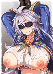 Rule 34 | 10s, 1girl, arms up, bdsm, blindfold, blush, bondage, bound, bound wrists, breasts, cleavage, denki showgun, granblue fantasy, highres, huge breasts, inverted nipples, nipples, purple hair, silva (granblue fantasy), solo, sweat, torn clothes