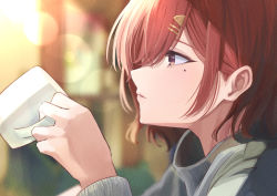Rule 34 | 1girl, absurdres, blurry, blurry background, coffee cup, cup, depth of field, disposable cup, highres, higuchi madoka, idolmaster, idolmaster shiny colors, japanese clothes, lens flare, looking afar, marishiten (mar1sh110), mole, mole under eye, portrait, profile, red eyes, red hair, solo, sunlight
