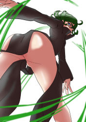 Rule 34 | 1girl, absurdres, ass, black dress, breasts, clothes, dress, green hair, highres, looking back, medium hair, one-punch man, small breasts, solo, superhero costume, tatsumaki