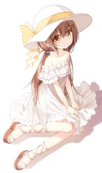 Rule 34 | 1girl, bare shoulders, bow, brown eyes, brown footwear, brown hair, closed mouth, dress, full body, hair between eyes, hair ornament, hat, hat bow, long hair, looking at viewer, low twintails, off-shoulder dress, off shoulder, original, platform footwear, sandals, shadow, short sleeves, sitting, solo, squirrel girl (yuuhagi (amaretto-no-natsu)), striped, striped bow, sun hat, twintails, very long hair, white background, white dress, white hat, yellow bow, yokozuwari, yuuhagi (amaretto-no-natsu)