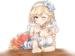 Rule 34 | 10s, 1girl, alternate costume, bad id, bad pixiv id, bare shoulders, blonde hair, blush, bracelet, breasts, brown eyes, cleavage, collarbone, djeeta (granblue fantasy), elbow rest, granblue fantasy, hairband, hakuishi aoi, hand to own mouth, jewelry, looking at viewer, miniskirt, one eye closed, orange skirt, parted lips, puffy short sleeves, puffy sleeves, short hair, short sleeves, skirt, smile, solo, superstar (granblue fantasy), table, white background