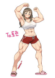 Rule 34 | 1girl, abs, armpits, arms up, be strong! lee seoyoung, blush, breasts, brown eyes, brown hair, cleavage, covered erect nipples, flip-flops, highres, korean text, large breasts, lee seoyoung, long hair, muscular, muscular female, nestkeeper, original, sandals, shorts, slippers, solo, tank top, white background