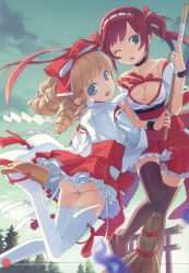 Rule 34 | 00s, 2008, 2girls, absurdres, adapted uniform, airi (queen&#039;s blade), ass, black choker, blonde hair, blue eyes, blurry, bow, breasts, broom, brown legwear, choker, cleavage, cloud, depth of field, drill hair, facing viewer, fang, geta, green eyes, h2so4, hairband, highres, japanese clothes, lace, legs, looking at viewer, looking back, medium breasts, miko, multiple girls, nontraditional miko, outdoors, panties, pantyshot, pointy ears, queen&#039;s blade, red hair, ribbon, shrine, skirt, sky, smile, standing, tassel, thighhighs, toranoana, torii, tree, twintails, underwear, white frills, white legwear, white panties, white theme, ymir (queen&#039;s blade), zettai ryouiki