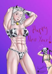 Rule 34 | 2girls, absurdres, animal print, bikini, cow horns, cow print, dorohedoro, ebisu (dorohedoro), highres, horns, long hair, looking at viewer, multiple girls, muscular, muscular female, noi (dorohedoro), red eyes, rob012dostuff, self-upload, simple background, swimsuit, tongue, tongue out, white hair