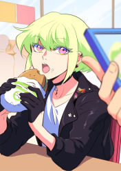 Rule 34 | 1boy, androgynous, bae (baebae), black gloves, blurry, burger, cellphone, choker, colored eyelashes, depth of field, eating, food, food on face, galo thymos, gloves, green hair, half gloves, highres, jacket, leather, leather jacket, lio fotia, male focus, phone, promare, purple eyes, sleeping, smartphone, yaoi