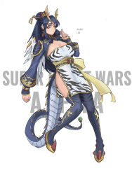 Rule 34 | 1girl, :o, animal print, blue hair, breasts, chinese clothes, chinese commentary, cleavage, cleavage cutout, clothing cutout, dragon tail, dress, floating, green eyes, hair behind ear, hair bun, hair ornament, hair stick, hand gesture, highres, jinri shijie, leaning back, open hand, personification, ponytail, ryukooh, single hair bun, solo, super robot wars, super robot wars alpha, super robot wars alpha 1, tail, thighhighs, tiger print, white dress