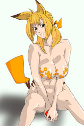 Rule 34 | 1girl, alternate color, blonde hair, breasts, brown eyes, censored, cleavage, collarbone, creatures (company), game freak, gen 1 pokemon, highres, humanization, knees, legs, lips, long hair, mattsun (lyohei-adgjmptw), navel, nintendo, nude, personification, pikachu, poke ball, pokemon, pokemon (creature), pov, shiny skin, sitting, smile, solo, spread legs, translation request