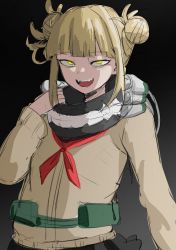 Rule 34 | :d, adjusting neckwear, arm at side, bags under eyes, bandana, bandana over mouth, black-backed jackal (kemono friends), black bandana, black skirt, blonde hair, blunt bangs, boku no hero academia, canister, cardigan, commentary request, double bun, fangs, gradient background, grey background, hair bun, hair up, hose, kemono friends, korean commentary, looking at viewer, lowered eyelids, messy hair, naughty face, neckerchief, open mouth, partial commentary, pleated skirt, red neckerchief, roly, school uniform, serafuku, shaded face, sidelocks, sketch, skirt, slit pupils, smile, solo, teeth, toga himiko, upper body, upturned eyes, yellow cardigan, yellow eyes