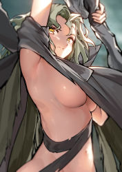 Rule 34 | 1girl, arm up, breasts, character request, cloak, elden ring, grey hair, highres, holding, medium breasts, naked cloak, navel, short hair, short sleeves, solo, stomach, upper body, wo chi xiangjiao pi, yellow eyes