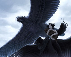 Rule 34 | 1boy, 1other, black hair, black wings, colored skin, faceless, feathered wings, flying, grey background, grey skin, hands up, holding, human head, long hair, looking at another, looking to the side, multiple wings, overcast, pixiv fantasia, pixiv fantasia last saga, sky, spread wings, taur, upper body, watari taichi, wings