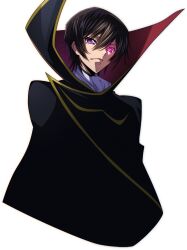 Rule 34 | 1boy, artist request, ascot, black cape, black hair, cape, closed mouth, code geass, code geass: lost stories, cropped torso, geass, glowing, glowing eye, gold trim, hair between eyes, high collar, lelouch vi britannia, looking at viewer, male focus, non-web source, official art, purple eyes, short hair, sidelocks, simple background, solo, transparent background, two-sided cape, two-sided fabric, upper body, v-shaped eyebrows, white ascot