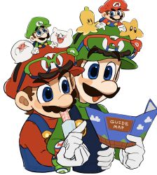 Rule 34 | 2boys, banana peel, blue eyes, blue overalls, boo (mario), brown hair, doll, facial hair, gloves, green shirt, hat, highres, luigi, male focus, map, mario, mario (series), mimimi (mimimim9999), multiple boys, mustache, nintendo, overalls, red hat, shirt, short hair, sunglasses, super star (mario), white gloves