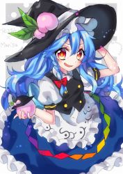 Rule 34 | 1girl, apron, bad id, bad pixiv id, blue skirt, blush, bow, braid, character name, circle, color switch, cosplay, food, frilled skirt, frills, fruit, grey background, hair bow, hand on headwear, hat, highres, hinanawi tenshi, hinanawi tenshi (cosplay), holding, holding food, holding fruit, kirisame marisa, kyouda suzuka, long hair, long skirt, open mouth, peach, puffy short sleeves, puffy sleeves, rainbow order, red eyes, short sleeves, simple background, single braid, skirt, smile, solo, touhou, twitter username, vest, witch hat