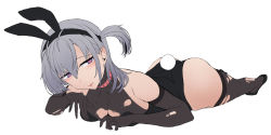 Rule 34 | 1girl, alternate costume, animal ears, ass, black footwear, black gloves, black legwear, black leotard, blue eyes, breasts, cleavage, collar, elbow gloves, fake animal ears, gloves, grey hair, heart, heart-shaped pupils, kantai collection, large breasts, leotard, lips, lying, one side up, parted lips, pink pupils, playboy bunny, rabbit ears, rabbit tail, simple background, solo, suzutsuki (kancolle), symbol-shaped pupils, tail, torn clothes, torn legwear, white background, yukiguni yuu