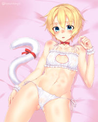 Rule 34 | 1girl, arm at side, bare arms, bare shoulders, bed sheet, bell, blonde hair, blue eyes, blush, body blush, bra, cat cutout, cat ear panties, cat lingerie, cat tail, character request, choker, cleavage cutout, clothing cutout, collarbone, cowboy shot, flat chest, gluteal fold, hair between eyes, highres, iris (ryou@ryou), jingle bell, looking at viewer, lying, meme attire, navel, neck bell, nose blush, on back, open mouth, panties, phantasy star, phantasy star online 2, red choker, red ribbon, ribbon, ryou@ryou, short hair, side-tie panties, solo, spread legs, stomach, tail, tail ornament, tail ribbon, twitter username, underwear, underwear only, white bra, white panties, white ribbon, wrist cuffs