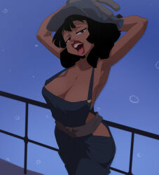 Rule 34 | 1girl, absurdres, armpits, arms behind head, atlantis: the lost empire, audrey ramirez, black hair, breasts, cleavage, cowboy shot, dark-skinned female, dark skin, highres, inker comics, large breasts, looking at viewer, medium hair, naked overalls, open mouth, overalls, shadow, solo, strap gap, tongue, tongue out