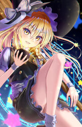 Rule 34 | 1girl, black vest, blonde hair, blush, bow, braid, broom, commentary, glowing, hair bow, hat, hat bow, highres, kirisame marisa, long hair, looking at viewer, magic circle, mini-hakkero, open mouth, rouge (my rouge), short sleeves, side braid, single braid, smile, solo, star (symbol), touhou, vest, white bow, witch hat, wrist cuffs, yellow eyes