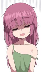 Rule 34 | 1girl, bare shoulders, blunt bangs, bocchi the rock!, closed eyes, collarbone, commentary request, dress, fang, green dress, halulu, highres, hime cut, hiroi kikuri, long hair, open mouth, purple hair, solo, spaghetti strap, strap slip, sweatdrop