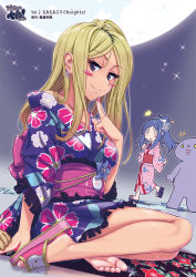 Rule 34 | 2girls, barefoot, blonde hair, blue eyes, blue hair, blush stickers, earrings, emi (saitou), feet, finger to own chin, flower, full moon, gradient background, hair flower, hair ornament, japanese clothes, jewelry, kimono, legs, long hair, moon, multiple girls, nail polish, original, out of frame, ponytail, purple eyes, ring, saitou teikoku, sandals, shoes, single shoe, sitting, smile, soles, toes