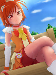 Rule 34 | 10s, 1girl, bench, bike shorts, bike shorts under skirt, boots, cloud, crossed legs, cure sunny, day, eyelashes, feet out of frame, from below, hair bun, highres, hino akane (smile precure!), on bench, orange eyes, orange hair, orange skirt, orange theme, precure, red bike shorts, red shorts, short hair, shorts, shorts under skirt, single hair bun, sitting, skirt, sky, smile precure!, solo, suenaga (progressive), sun, sweat, toei animation