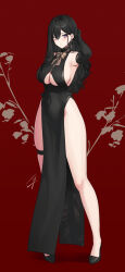 Rule 34 | 1girl, arm up, armpits, bare shoulders, black dress, black footwear, black gloves, black hair, breasts, classy-black-haired girl (hayabusa), clothing cutout, commentary, dress, earrings, elbow gloves, floral background, full body, gloves, hayabusa (vert 320), highres, jewelry, large breasts, long hair, long legs, looking at viewer, mole, mole on breast, mole under eye, mole under mouth, original, purple eyes, red background, solo, standing, symbol-only commentary, thigh strap, thighs, underboob cutout