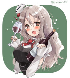 Rule 34 | 1girl, alcohol, blush, bottle, breasts, brown eyes, cropped torso, cup, drinking glass, grey hair, hair between eyes, hat, hatomaru (hatomaru56), holding, holding bottle, holding cup, kantai collection, large breasts, long hair, long sleeves, mini hat, open mouth, pola (kancolle), red ribbon, ribbon, shirt, smile, solo, twitter username, upper body, wavy hair, white hat, white shirt, wine, wine bottle, wine glass