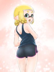 Rule 34 | 1girl, :o, ass, blue eyes, domino mask, dondoruma, female focus, from behind, gym shorts, highres, inkling player character, looking back, mask, nintendo, open mouth, shorts, solo, splatoon (series), thigh gap