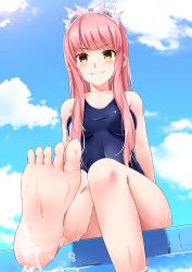 Rule 34 | 1girl, :d, arm behind back, barefoot, blue one-piece swimsuit, blush, breasts, cloud, collarbone, covered erect nipples, covered navel, day, fate/grand order, fate (series), feet, foot focus, foreshortening, grin, highres, impossible clothes, impossible swimsuit, legs together, lens flare, long hair, looking at viewer, medb (fate), medium breasts, morokoshi (tekku), one-piece swimsuit, open mouth, outdoors, partially submerged, pink hair, poolside, school swimsuit, sidelocks, skin tight, sky, smile, soaking feet, soles, solo, swimsuit, tiara, toes, water, wet, yellow eyes