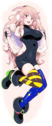 Rule 34 | .live, animal ears, asymmetrical legwear, boots, breasts, commentary request, fingerless gloves, fingernails, full body, gloves, headphones, highres, large breasts, leg up, long hair, looking at viewer, mismatched legwear, mokota mememe, ohtado, open mouth, pink hair, red eyes, sheep ears, simple background, standing, sweater, thighhighs, uneven legwear, virtual youtuber, white background