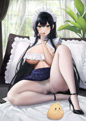Rule 34 | 1girl, :d, azur lane, black footwear, black hair, blue skirt, blush, breasts, creature, curtains, day, enico, frilled pillow, frills, green eyes, gusset, hand on another&#039;s head, high heels, highres, indomitable (azur lane), indomitable (ms. motivationless maid) (azur lane), indoors, knee up, large breasts, long hair, looking at viewer, maid headdress, manjuu (azur lane), miniskirt, on bed, open mouth, pantyhose, patent heels, pillow, plant, pleated skirt, pumps, shoes, sitting, skirt, sleeveless, smile, solo, stiletto heels, underboob, upskirt, very long hair, white pantyhose, window
