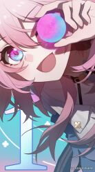 Rule 34 | 1girl, :d, blush, close-up, collarbone, commentary, copyright name, countdown, hair between eyes, highres, holding orb, honkai: star rail, honkai (series), looking at viewer, march 7th (honkai: star rail), medium hair, official art, open mouth, orb, pink hair, smile, upper body