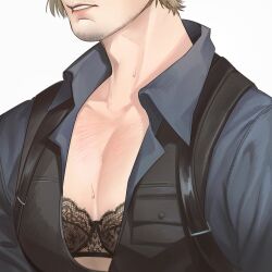 Rule 34 | 1boy, absurdres, beard stubble, black vest, blue shirt, bra, brown hair, chest hair, chest harness, collarbone, collared shirt, commentary, cropped head, facial hair, harness, highres, lace, lace bra, layered clothes, leon s. kennedy, lingerie, male focus, open clothes, open shirt, parted lips, pectoral cleavage, pectorals, resident evil, resident evil 4, shirt, simple background, songyeerhu, stubble, sweat, sweatdrop, teeth, underwear, upper body, vest, white background