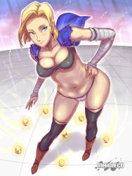 Rule 34 | android 18, blonde hair, blue eyes, boots, breasts, cleavage, detached sleeves, dragon ball, dragonball z, highres, maigleco, midriff, navel, panties, thighhighs, underwear