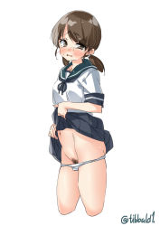 Rule 34 | 1girl, ass, black skirt, blush, brown eyes, brown hair, clothes lift, cowboy shot, ebifurya, female pubic hair, flat ass, groin, highres, kantai collection, lifted by self, looking at viewer, low twintails, navel, open mouth, panties, panty pull, pleated skirt, pubic hair, shirayuki (kancolle), short sleeves, simple background, skirt, skirt lift, solo, stomach, sweat, tears, twintails, twitter username, underwear, white background, white panties