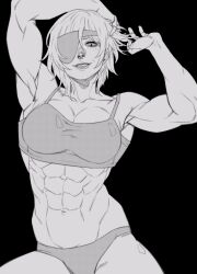 Rule 34 | 1girl, abs, arms behind head, arms up, az ciam, black background, black hair, breasts, chainsaw man, eyepatch, greyscale, highres, himeno (chainsaw man), large breasts, looking at viewer, monochrome, muscular, muscular female, panties, short hair, solo, tank top, underwear