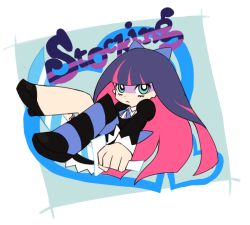 Rule 34 | 10s, 1girl, bad id, bad pixiv id, blue eyes, blue hair, bow, chikori, colored inner hair, dress, hair bow, long hair, matching hair/eyes, multicolored hair, official style, panty &amp; stocking with garterbelt, single thighhigh, solo, stocking (psg), striped clothes, striped thighhighs, thighhighs, two-tone hair