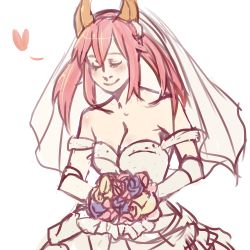 Rule 34 | 10s, 1girl, animal ears, bare shoulders, blush, bouquet, breasts, bridal veil, cleavage, dress, elbow gloves, closed eyes, fate/extra, fate (series), flower, fox ears, gloves, heart, long hair, lowres, pink hair, simonadventure, solo, spoken heart, tamamo no mae (fate/extra), twintails, veil, wedding dress