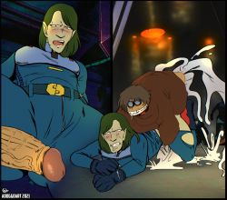 Rule 34 | adoggoart, brown hair, clothed sex, cum, cum on body, doggystyle, ejaculation, excessive cum, gloves, green hair, harlock saga, highres, huge penis, illumidas (uchuu kaizoku captain harlock), medium hair, old, old woman, oyama tochirou, penis, pointy ears, saliva, saliva trail, sex, sex from behind, size difference, smile, testicles, top-down bottom-up, torn clothes, uchuu kaizoku captain harlock, veins, veiny penis