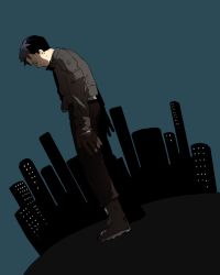 Rule 34 | 1boy, batman (series), boots, city, dc comics, full body, gloves, jacket, jason todd, male focus, profile, red hood (dc), slouch, solo, standing