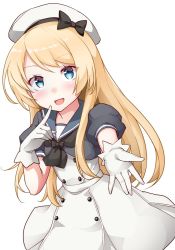 Rule 34 | 1girl, blonde hair, blue eyes, blue sailor collar, commentary request, cowboy shot, dress, gloves, hat, jervis (kancolle), kantai collection, kirigakure (kirigakure tantei jimusho), pointing, pointing at self, sailor collar, sailor dress, sailor hat, simple background, solo, white background, white dress, white gloves, white hat
