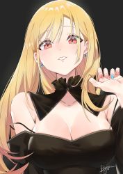 Rule 34 | 1girl, absurdres, bare shoulders, black background, black dress, blush, breasts, camisole, chen yang yang, cleavage, collarbone, detached collar, dress, earrings, eyebrows hidden by hair, from below, grin, highres, jewelry, kitagawa marin, large breasts, long hair, looking at viewer, multicolored nails, nail polish, off-shoulder dress, off shoulder, pink eyes, signature, simple background, smile, solo, sono bisque doll wa koi wo suru, strap slip, swept bangs, tareme, upper body