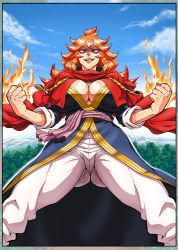 Rule 34 | 1girl, black clover, blue eyes, breasts, cape, curvy, fang, female focus, fire, highres, large breasts, looking at viewer, mereoleona vermillion, mature female, muscular, muscular female, orange hair, smile, smug, solo, thick thighs, thighs, wide hips