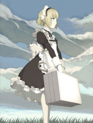 Rule 34 | 1girl, apron, blonde hair, blue eyes, blunt bangs, bob cut, briefcase, cloud, cruccu, day, dress, frills, from side, gloves, long sleeves, maid, maid apron, maid headdress, original, outdoors, pantyhose, ribbon, scenery, short hair, sky, solo, standing, suitcase, umbrella, white pantyhose