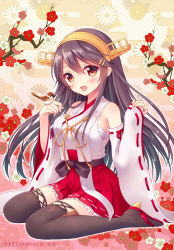 Rule 34 | 10s, 1girl, bad id, bad pixiv id, bird, black hair, brown eyes, detached sleeves, flower, hairband, haruna (kancolle), headgear, japanese clothes, kantai collection, long hair, mamekosora, nontraditional miko, open mouth, skirt, smile, solo